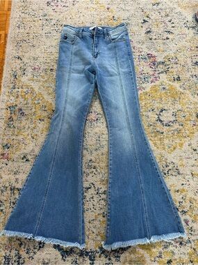 Kancan Women's Blue High-Rise Flared Jeans with Raw Hem